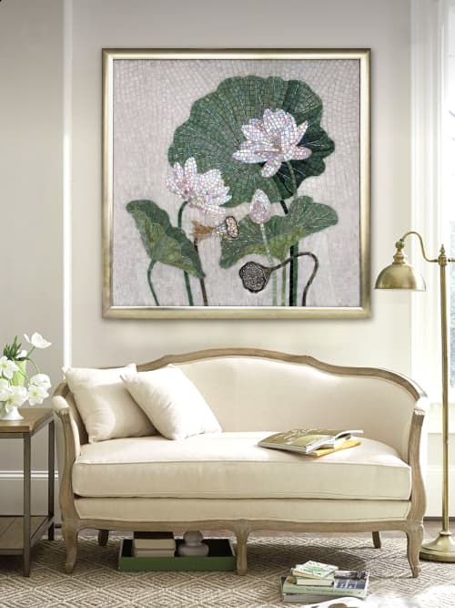 Lotus flowers mosaic artwork | Art & Wall Decor by Julia Gorbunova. Item made of glass compatible with japandi and art deco style