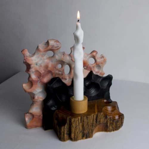 Pink Dream Candle Holder — Reclaimed Marble & Wood | Decorative Objects by Gabor Gobi. Item composed of wood & marble