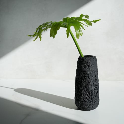 Small Pear Shaped Vase in Textured Black Concrete | Vases & Vessels by Carolyn Powers Designs. Item made of concrete & glass compatible with minimalism and contemporary style