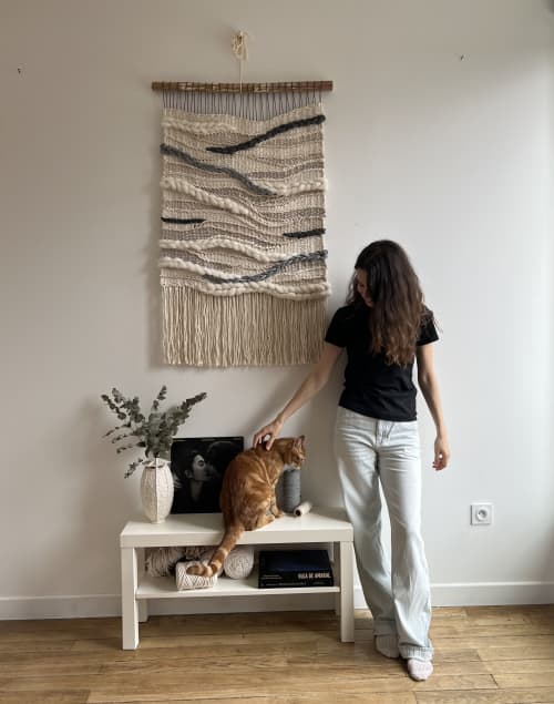 Handwoven Vertical Wall Tapestry "Stone River" | Wall Sculpture in Wall Hangings by Tissage Sauvage. Item composed of wood & cotton compatible with boho and country & farmhouse style