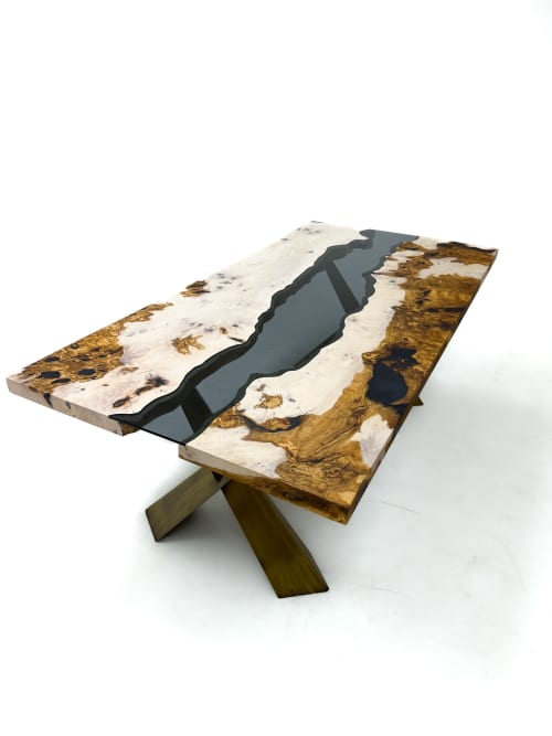 Glass River Dining Room Table - Custom Natural Wood Table | Dining Table in Tables by Tinella Wood. Item made of wood with glass works with contemporary & art deco style