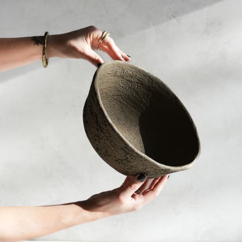 Fluted Centerpiece Bowl in Earthen Brown Concrete | Decorative Bowl in Decorative Objects by Carolyn Powers Designs. Item composed of concrete in minimalism or contemporary style