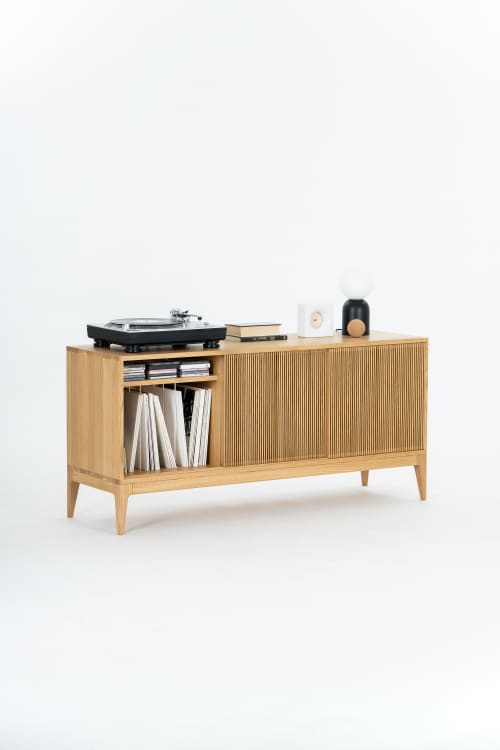 TONN large record player stand, vinyl record storage, oak | Media Console in Storage by Mo Woodwork | Stalowa Wola in Stalowa Wola. Item composed of oak wood in minimalism or mid century modern style