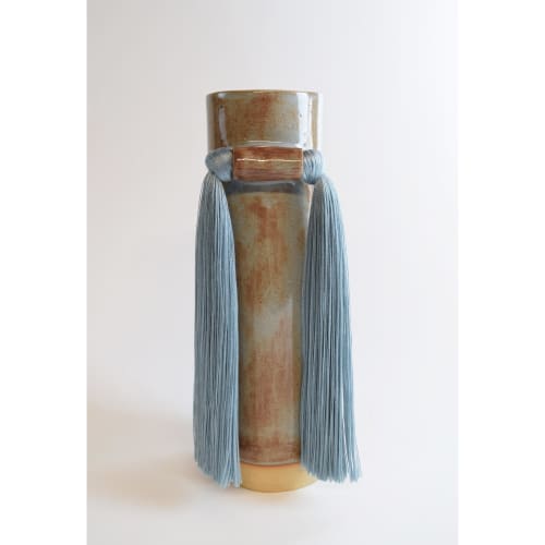 Handmade Ceramic Vase #531 in Blue with Tencel Fringe | Vases & Vessels by Karen Gayle Tinney. Item made of ceramic & fiber compatible with boho and coastal style
