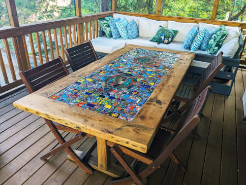 Rustic wood with mosaic inlay outdoor table | Dining Table in Tables by Abodeacious