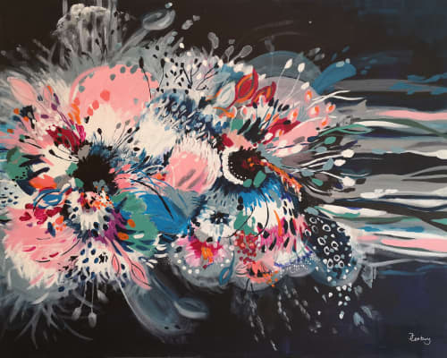 Hibiscus Burst | Oil And Acrylic Painting in Paintings by Judy Century Art. Item made of synthetic