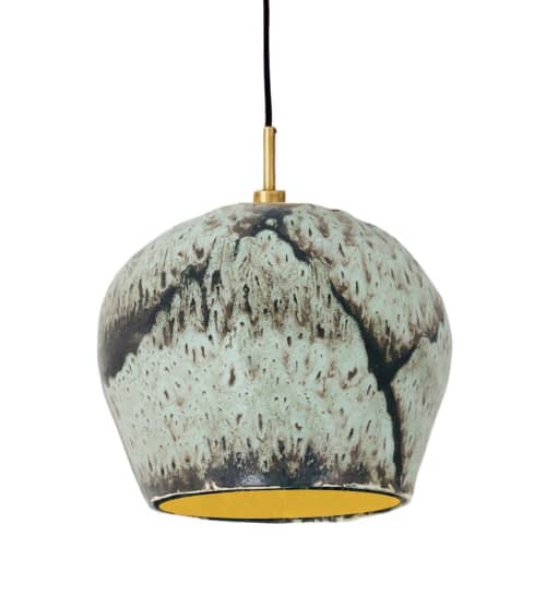 Large Tapered Sphere Hanging Light with black cord | Pendants by Alex Marshall Studios. Item composed of brass and ceramic in mid century modern or contemporary style