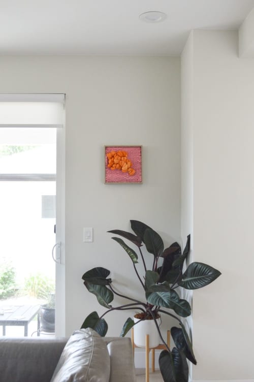 Framed Fiber Wall Art – Pink and Orange Textured Weaving | Wall Hangings by Camille McMurry. Item made of oak wood & wool compatible with art deco style