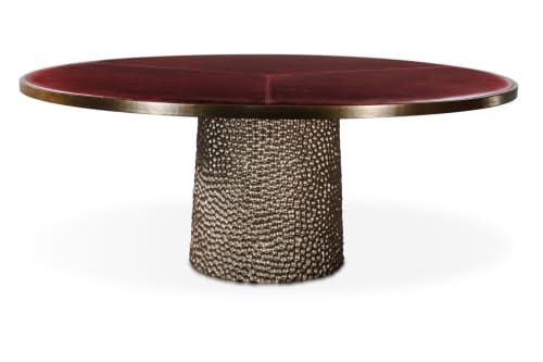 Modern Upholstered Table with Metallic Carved Base | Dining Table in Tables by Costantini Design. Item made of wood with fabric works with contemporary & modern style