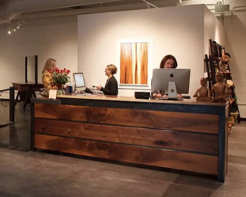 Retail Cashwrap | Desk in Tables by Where Wood Meets Steel | Grand Salon & MedSpa in Denver. Item composed of walnut and steel in contemporary or modern style