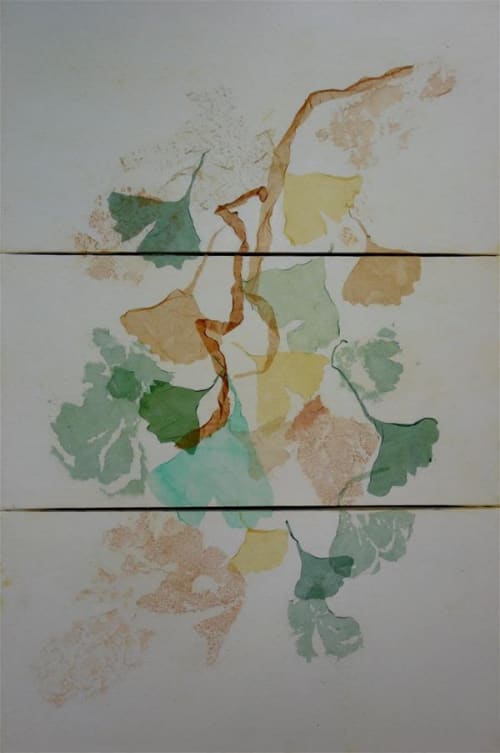 Gingko Triptych in Washi | Oil And Acrylic Painting in Paintings by Jan Sullivan Fowler. Item composed of paper and synthetic