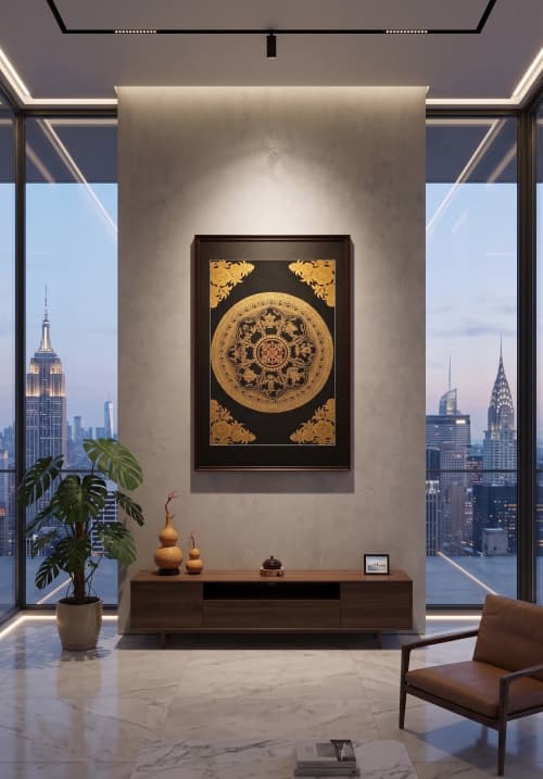 Imperial Yunjin Silk Ashtamangala Thangka Framed Art | Embroidery in Wall Hangings by Dynasty Artisan. Item composed of wood and fabric in contemporary or eclectic & maximalism style