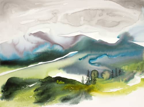 Mountainscape No. 5 : Original Watercolor Painting on Canvas | Paintings by Elizabeth Becker. Item made of canvas works with minimalism & contemporary style