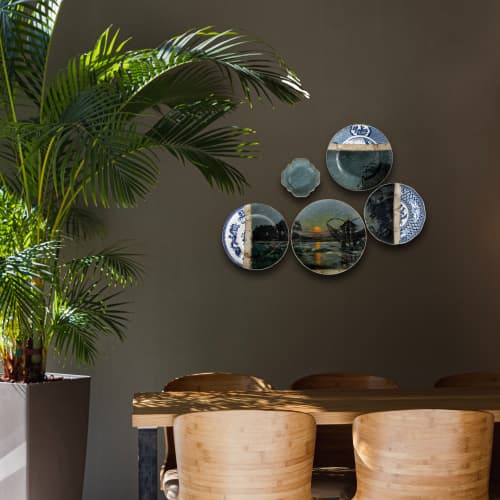 Wall Art Plates Installation: "Tropical Moonlight" | Wall Sculpture in Wall Hangings by Studio DeSimoneWayland. Item composed of ceramic compatible with boho and contemporary style