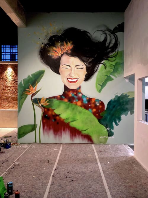 Smiling Woman Mural | Murals by Elsa Jeandedieu Studio | MAG56 Unconventional Food & Drinks in Prato. Item composed of synthetic