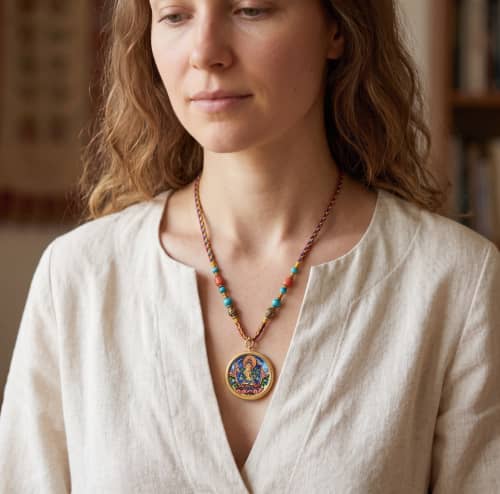 Premium Manjushri Thangka Pendant Zodiac Rabbit Amulet | Ornament in Decorative Objects by Dynasty Artisan. Item composed of metal in contemporary or eclectic & maximalism style