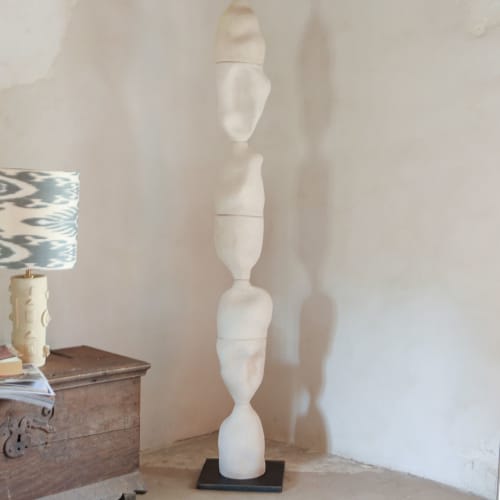 Organic handmade totem of white stoneware, stackable pieces. | Sculptures by Ingrid Vermulst by Studio Wild Orange. Item made of stoneware works with contemporary & mediterranean style