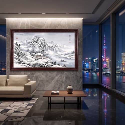 78" Hand-Painted Winter Snow Shanshui Landscape on Silk/Xuan | Oil And Acrylic Painting in Paintings by Dynasty Artisan. Item composed of wood and glass in contemporary or eclectic & maximalism style