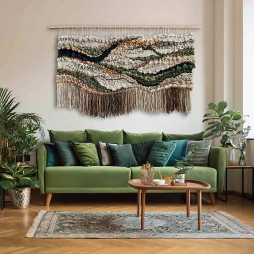Woven Tapestry "Soft Terrain" | Wall Hangings by Tissage Sauvage. Item made of wood & cotton compatible with boho and country & farmhouse style
