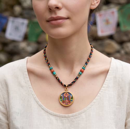 Authentic Mineral Pigment Amitabha Necklace Tibetan Art | Ornament in Decorative Objects by Dynasty Artisan. Item composed of metal compatible with contemporary and eclectic & maximalism style