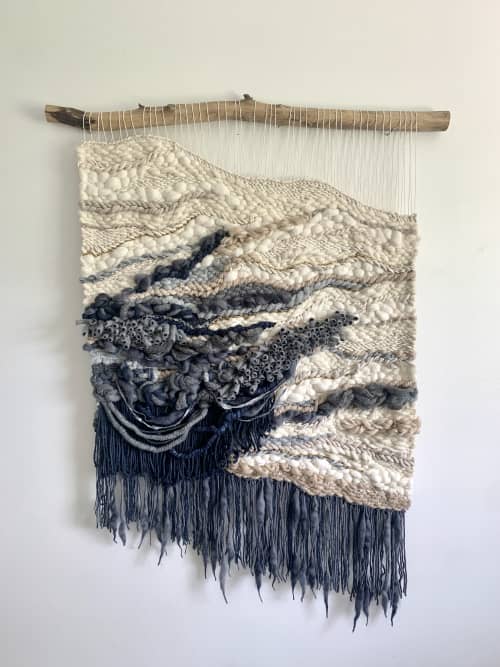 ocean wall hanging gray-blue fiber art textile "Feel it all" | Macrame Wall Hanging in Wall Hangings by Rebecca Whitaker Art. Item composed of wood & fabric