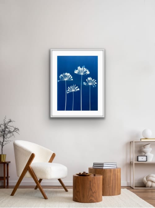 Four Agapanthus Flowers: 30 x 22.5" original cyanotype | Photography by Christine So. Item composed of paper in boho or country & farmhouse style