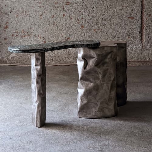 Suspended Marble Steel Console — Colgado, Nitush Aroosh | Console Table in Tables by Nitush Aroosh. Item composed of steel and marble in contemporary or eclectic & maximalism style