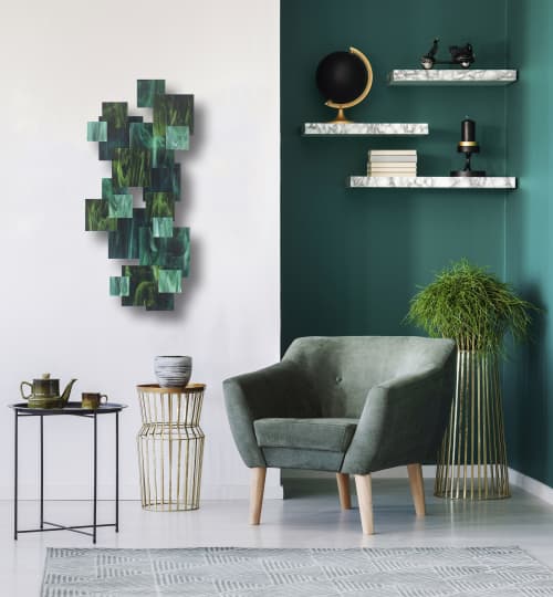 "Emerald" TTS Glass and Metal Wall Sculpture | Wall Hangings by Karo Studios. Item composed of metal & glass compatible with modern style