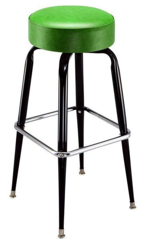 Commercial Round Bar Stool Model 1419 | Chairs by Richardson Seating Corporation | Bangers & Lace Wicker Park in Chicago. Item composed of steel and leather