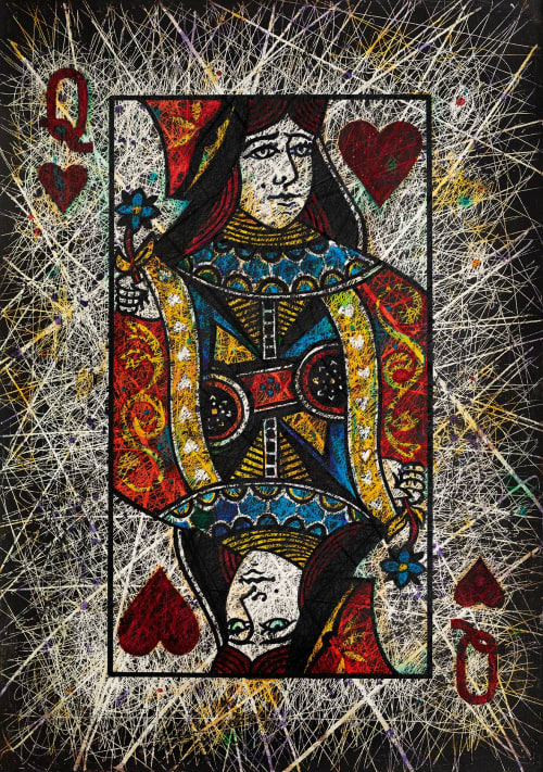 Hand painted artwork- playing card "Queen of Hearts" | Mixed Media in Paintings by ArtForLoft. Item made of paper compatible with mid century modern and japandi style