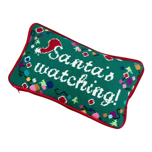 hand-embroidered needlepoint SANTA'S WATCHING pillow * OOAK | Pillows by Mommani Threads. Item made of wool works with contemporary & eclectic & maximalism style
