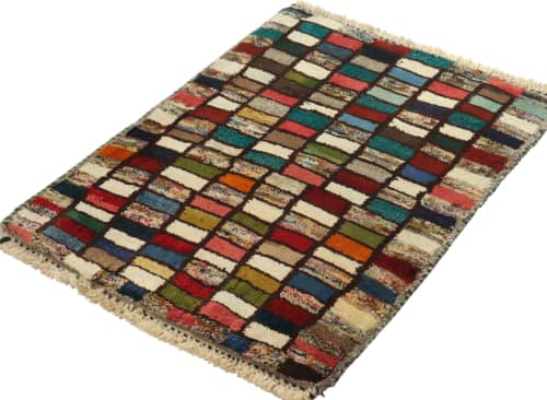 Vintage Gabbeh rug in White, Blue, Green, Red Tribal | Area Rug in Rugs by Rug and Kilim