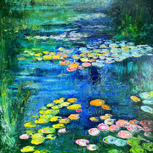 Water Lily Pond II | Oil And Acrylic Painting in Paintings by Checa Art. Item made of canvas with synthetic