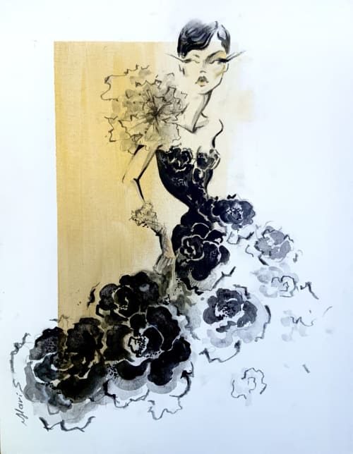 "Black Dress" Elegant Fashion Illustration on canvas board | Drawing in Paintings by Marina Saba Fine Art. Item composed of canvas compatible with contemporary and modern style