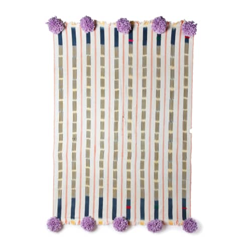 baoule pom pom throw cream stripe/lilac poms | Blanket in Linens & Bedding by Charlie Sprout. Item composed of fabric