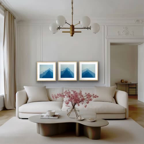 Blue Hills Triptych (three 18 x 18" abstract cyanotypes) | Photography by Christine So. Item composed of paper compatible with minimalism and contemporary style