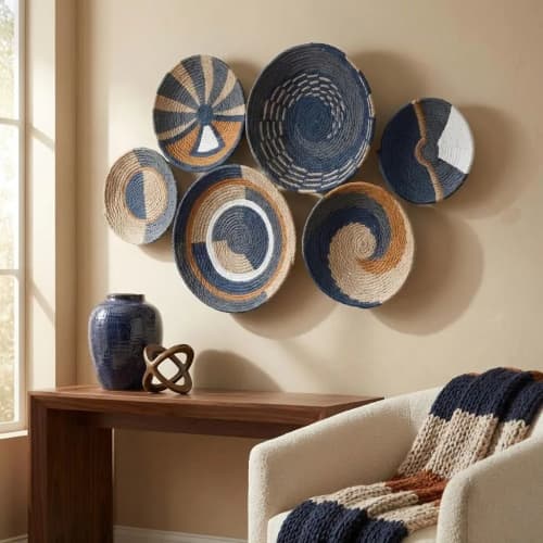 Set of 6 Woven Baskets Wall Decor | Decorative Plate in Decorative Objects by Sarmal Design. Item composed of bamboo and cotton in boho or mid century modern style