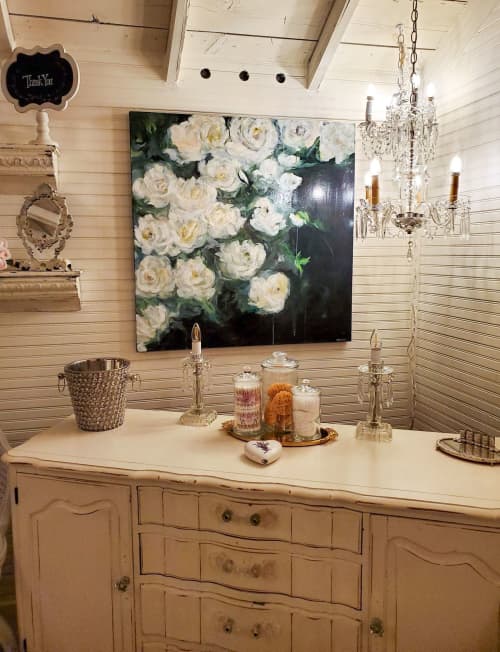 Abstract White Roses on Dark Background | Oil And Acrylic Painting in Paintings by Arohika Verma. Item composed of wood & synthetic