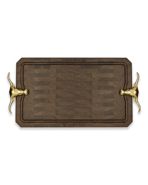 Vincent: Sculpted Walnut & Solid Brass Statement Piece | Serving Board in Serveware by Gavin May. Item made of walnut with brass