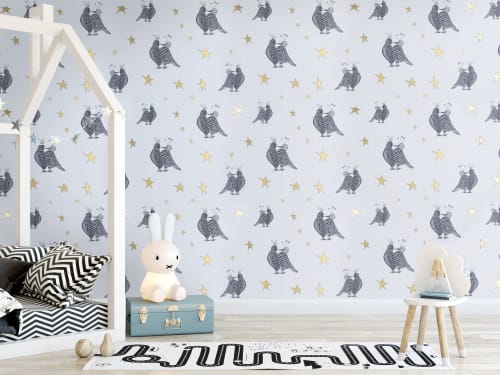 Love Me | Black On White | Gold Stars | Wallpaper in Wall Treatments by Weirdoh Birds. Item made of synthetic