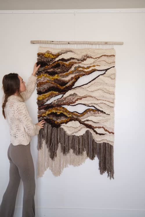 Earthy Toned "Mending Through Light and Shadow" | Tapestry in Wall Hangings by Rebecca Whitaker Art. Item composed of wood and cotton in boho or minimalism style