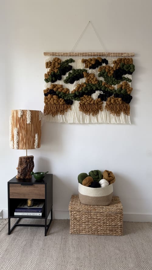 Woven Wool Tapestry "Forest Mosaic" | Wall Hangings by Tissage Sauvage. Item composed of wood and wool in boho or contemporary style