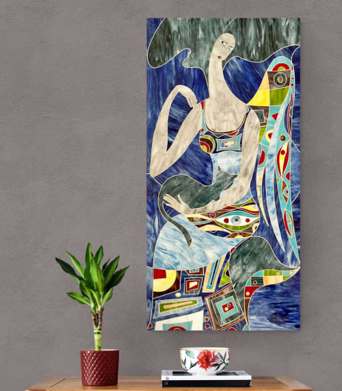 ANGEL WITH CAT - HAND MADE GLASS MOSAIC ARTWORK | Art & Wall Decor by artisticmosaicdesigns. Item made of glass works with art deco style