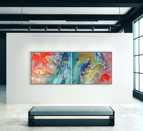 River Runs Through Her Abstract Landscape, Diptych Mural | Murals by Dorothy Fagan Fine Arts. Item composed of canvas in mid century modern or contemporary style