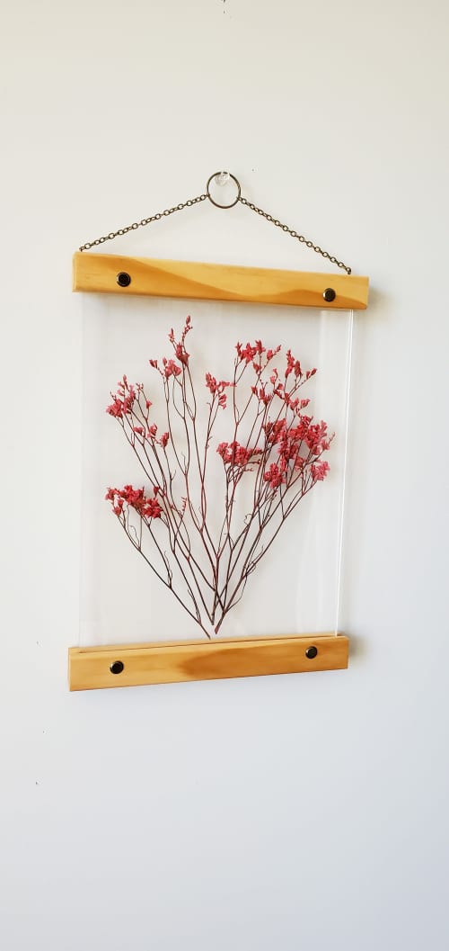 Red pressed flower art for botanical bedroom set art decor | Pressing in Art & Wall Decor by Studio Wildflower. Item made of walnut with brass works with country & farmhouse & rustic style