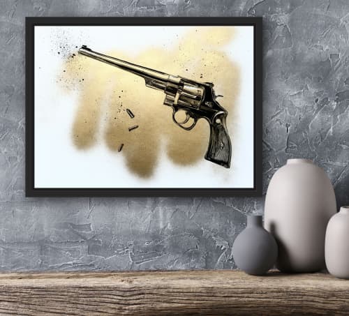 Smith & Wesson Gold. Pop art, Dada original painting. | Drawing in Paintings by Oplyart. Item made of paper works with minimalism & mid century modern style