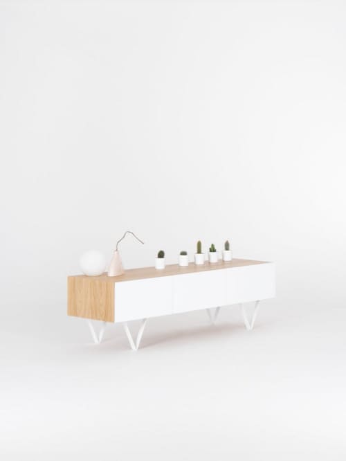 Sideboard, white TV stand, console table, minimalist | Credenza in Storage by Mo Woodwork | Stalowa Wola in Stalowa Wola. Item made of oak wood compatible with minimalism and mid century modern style