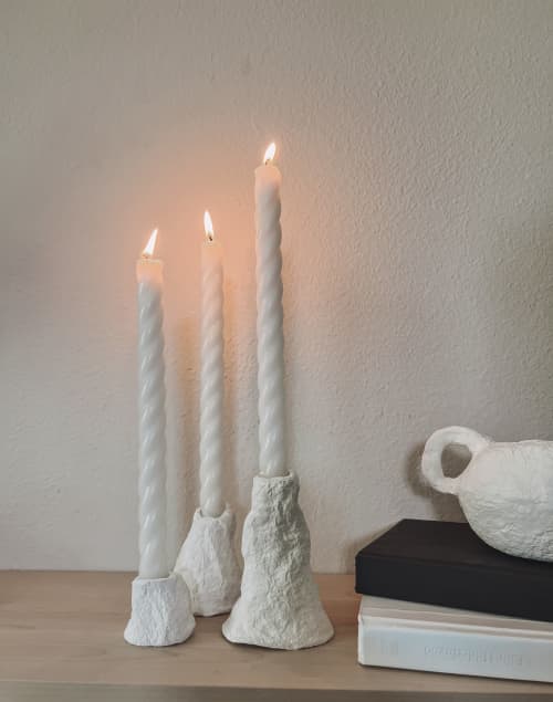 “aux chandelles“ pillar holders + pillar candles, set of 3 | Candle Holder in Decorative Objects by je.nicci. Item made of paper compatible with minimalism and japandi style