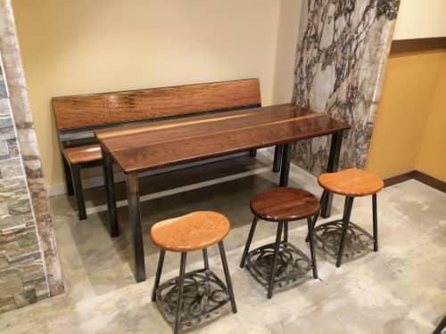 Cafe Stool | Chairs by Andrew J | Old Nelson Food Company in Philadelphia. Item made of walnut with steel works with boho & contemporary style