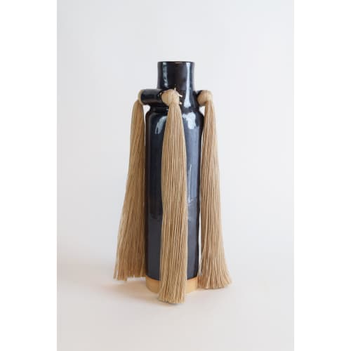 Handmade Ceramic Vase #703 in Black with Beige Cotton Fringe | Vases & Vessels by Karen Gayle Tinney. Item made of cotton with stoneware works with boho & minimalism style